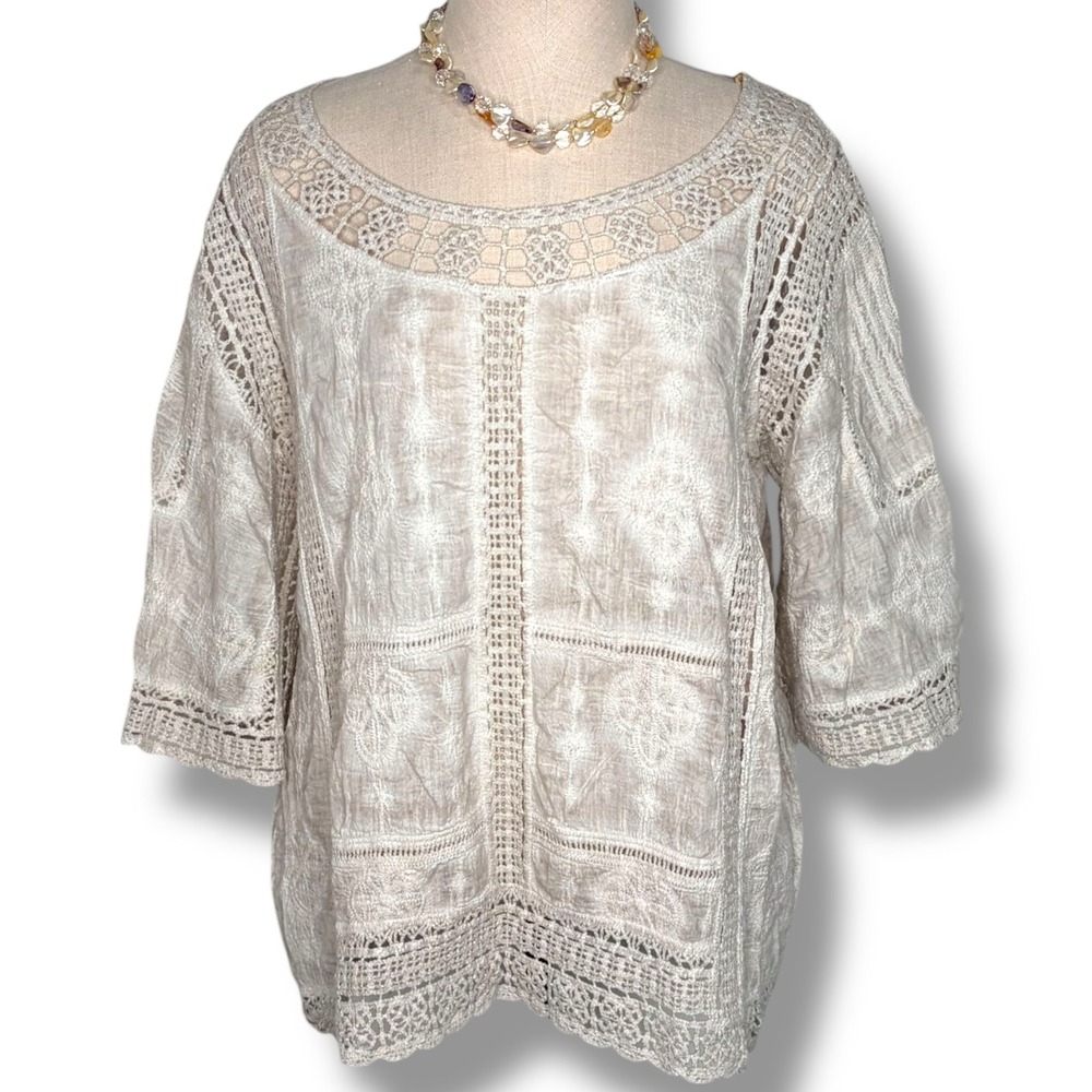 Democracy Crochet Lace Boho Top‎ L Beige 3/4 Bell Sleeve Embroidered Cotton